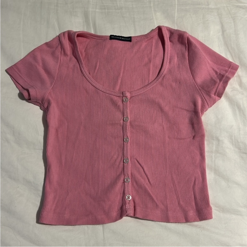 Brandy Melville Pink Ribbed Button-Up Top